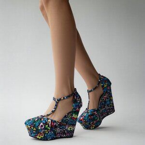 Rogue Helium Women’s Size 9 Platform Wedge Heels Multicolor Y2K Graffiti Punk